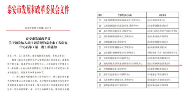 公司纳入新序列管理的泰安市工程研究中 心名单